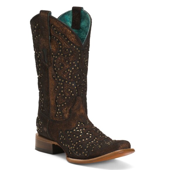 CORRAL BOOTS  Mexico Suede Laser Cut Studded Square Toe Western Boots - Picture 1 of 2